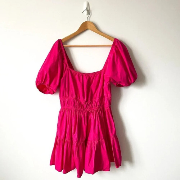 Avec Les Filles Puff Sleeve Poplin Tiered Dress Pink Size Large - Picture 2 of 6